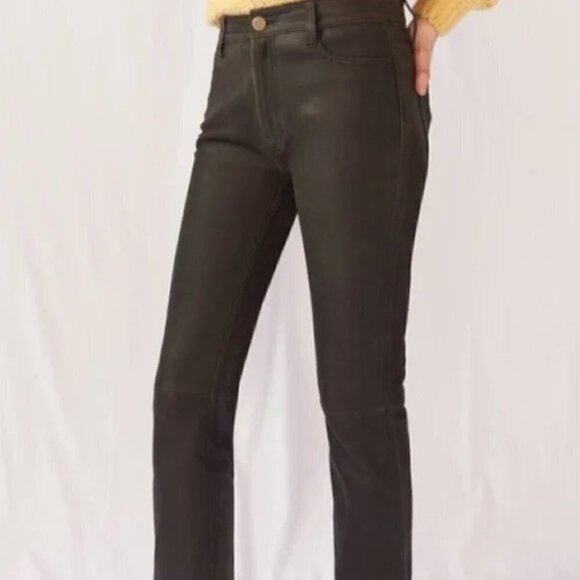 NWT Anthropologie Leather Pants Size 25 Green Black High Rise Straight Leg Lamb - Picture 9 of 10